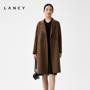 朗姿2023秋冬新款 LANCY 翻领羊毛羊绒毛呢外套女宽松双面呢高级