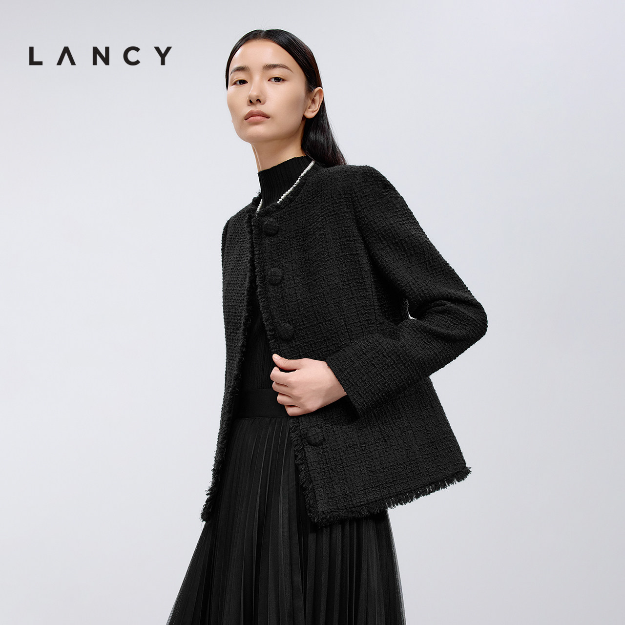 直身廓形 毛边设计 本布包扣