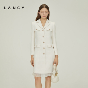 LANCY/朗姿2025冬新款优雅小香风羊毛长袖连衣裙气质通勤翻领裙子