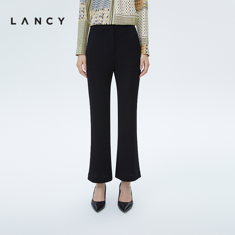 lancy/朗姿2022秋季新款黑色西装裤子女高腰针织裤高级通勤女装