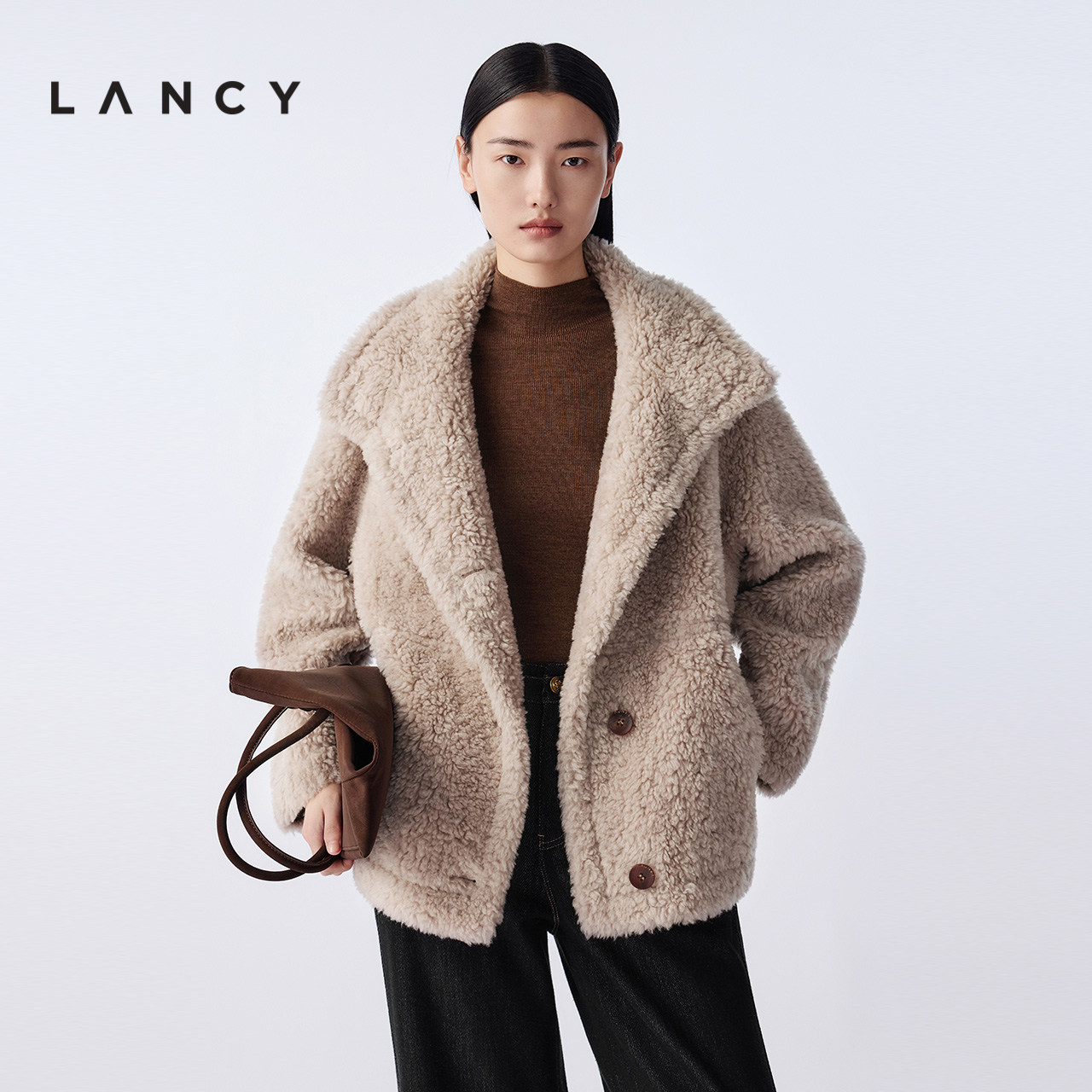 【纯羊毛】LANCY/朗姿2025冬新款时尚颗粒绒短大衣女立领夹克外套