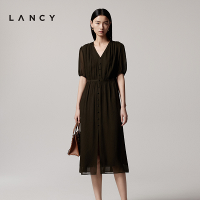 【100%桑蚕丝】LANCY/朗姿2025年秋新款气质真丝V领短袖连衣裙女
