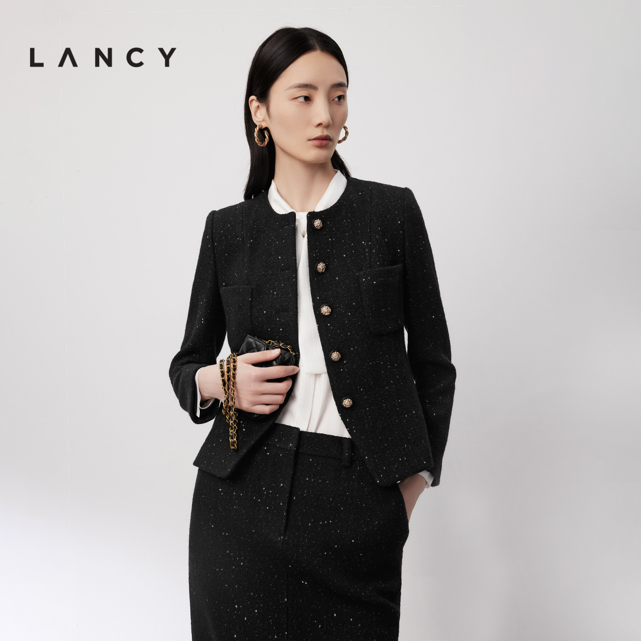 LANCY/朗姿2025秋季新款黑色绵羊毛小香风外套女亮丝精致短款上衣
