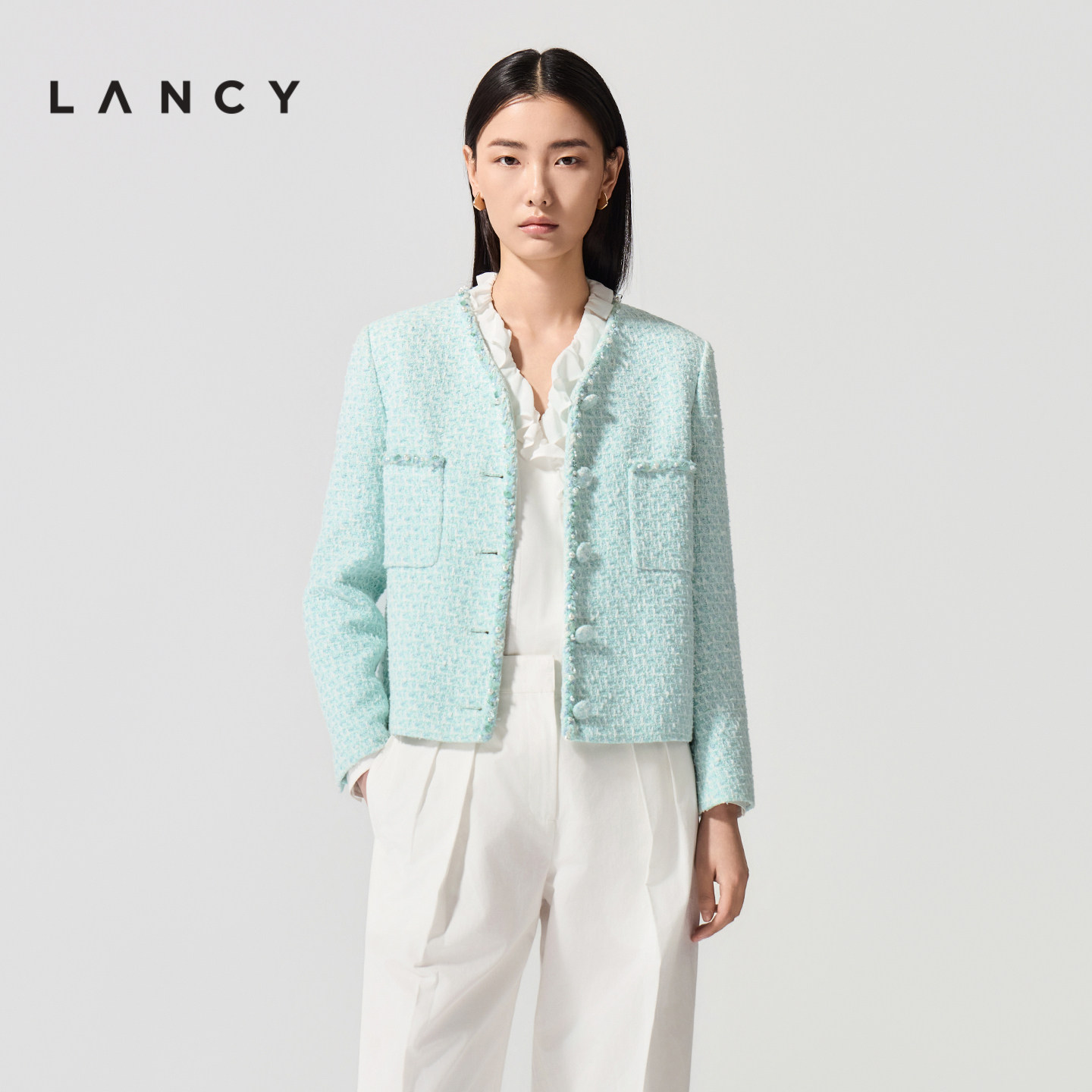 LANCY/朗姿2026春季新款法式小香风粗花呢时尚V领仿珍珠短外套