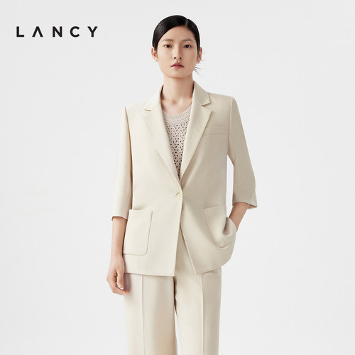 LANCY/朗姿2024夏季新款一粒扣商务通勤七分袖直筒醋酸西装外套女