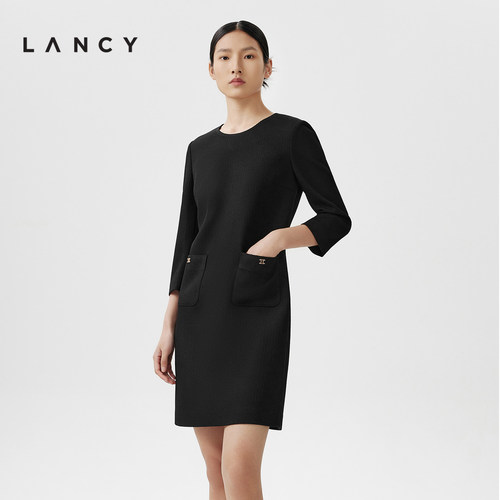 LANCY/朗姿2024春季新款黑色圆领长袖针织连衣裙女简约短款A字裙