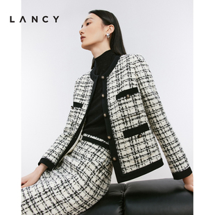 朗姿2024冬新款 LANCY 白色格纹羊毛小香风外套复古高级感上衣女