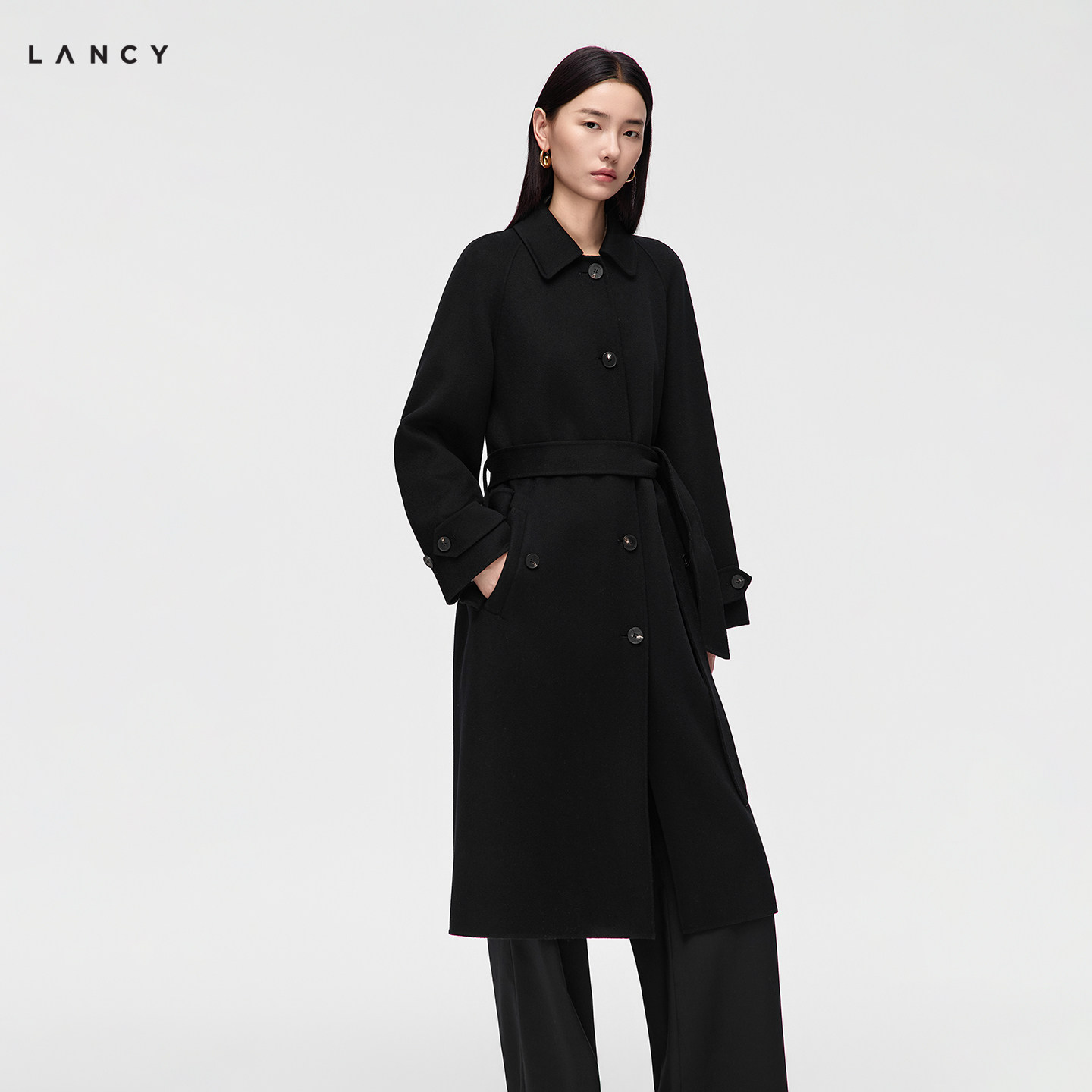 【纯羊毛】LANCY/朗姿2026冬新款大气高级感翻领系带双面呢女