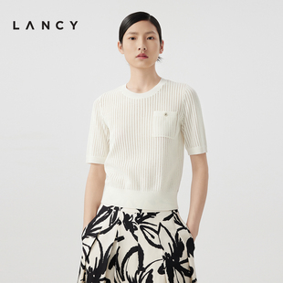 针织衫 LANCY 白色圆领修身 轻薄上衣简约百搭套头衫 朗姿2024夏季 女