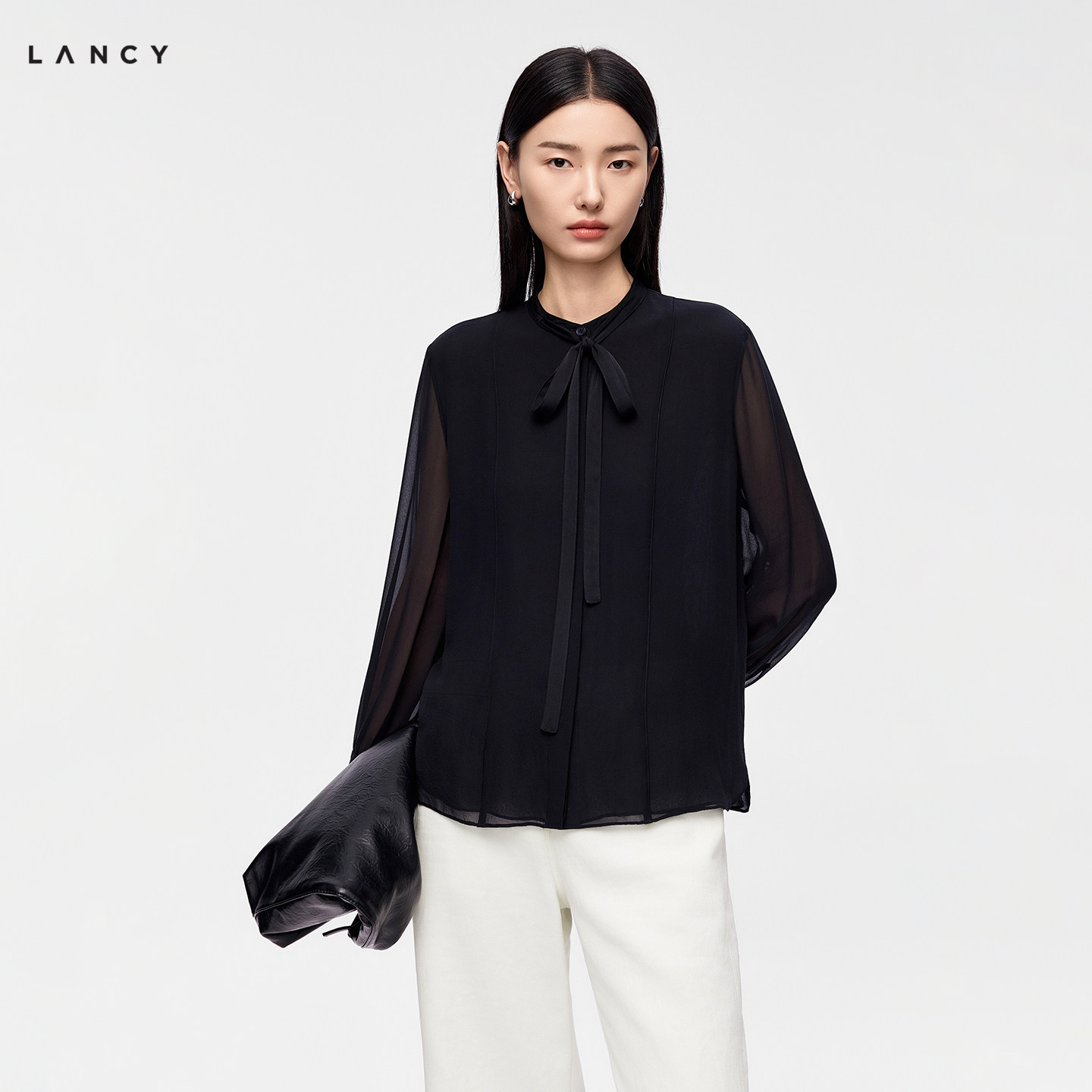 【真丝】LANCY/朗姿2026年秋季新款法式飘带领衬衫女轻薄雪纺上衣图片