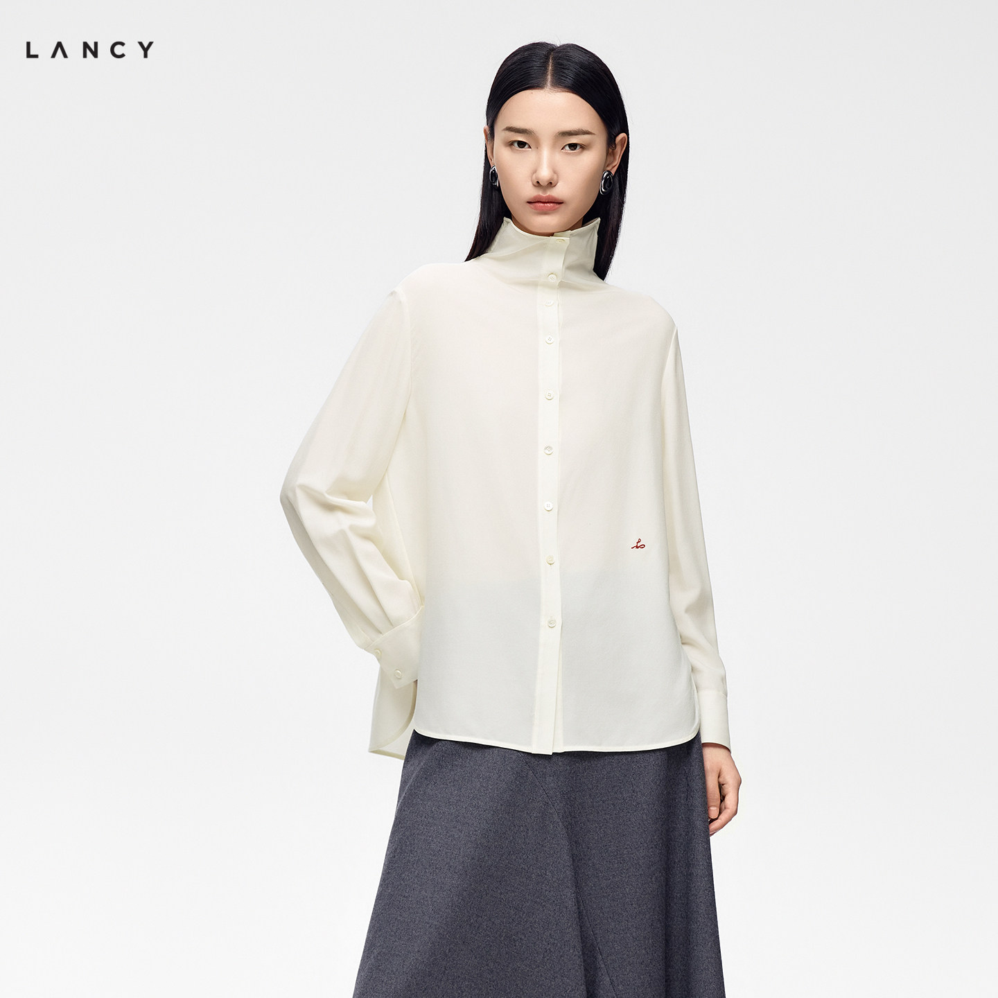 【羊毛蚕丝】LANCY/朗姿2026秋季新款简约立领衬衫刺绣通勤上衣女图片