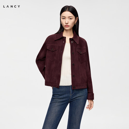 【羊皮革】LANCY/朗姿2026冬季新款利落翻领复古工装风皮衣短外套