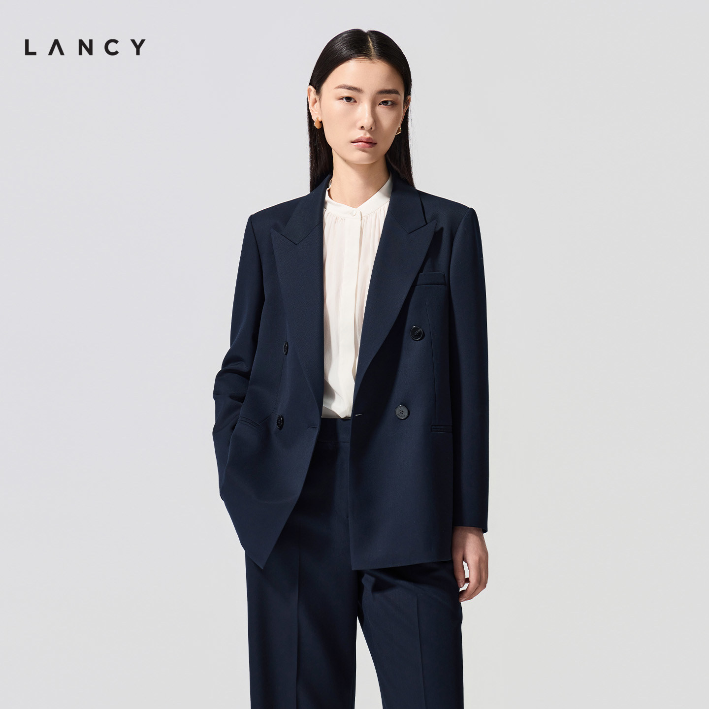【纯羊毛】LANCY/朗姿2026春新款职业戗驳领西装外套直筒西裤套装