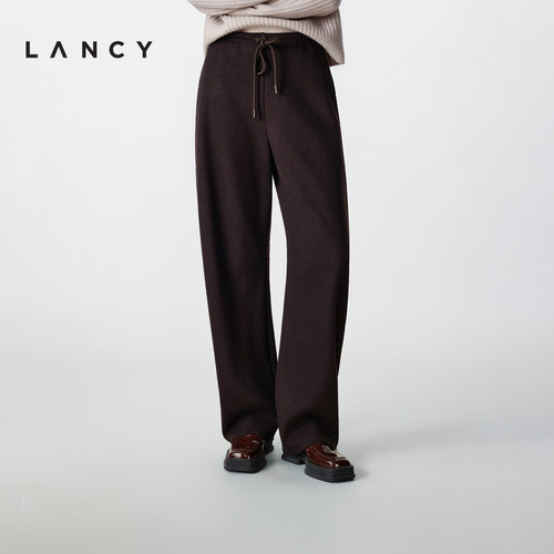 LANCY/朗姿2025冬季新款时尚百搭羊毛阔腿弯刀裤休闲抽绳西装裤女