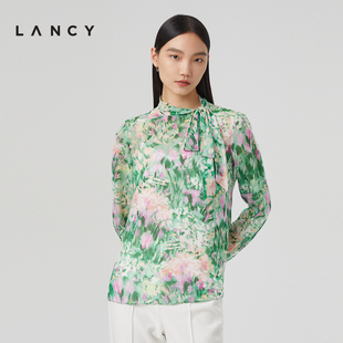 真丝 LANCY 朗姿2023春季 女飘带宽松衬衣两件套 新款 印花衬衫