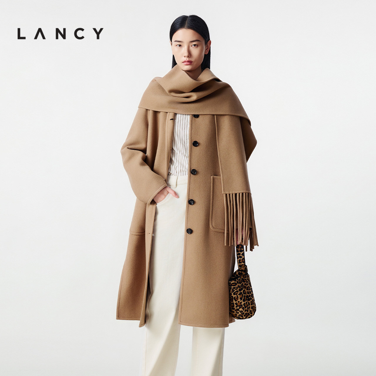 【羊毛羊绒】LANCY/朗姿25冬新款显瘦高端双面呢围巾长款毛呢大衣