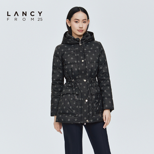 短款 LANCY 悦朗姿2022冬季 新款 收腰连帽羽绒服印花字母女士外套