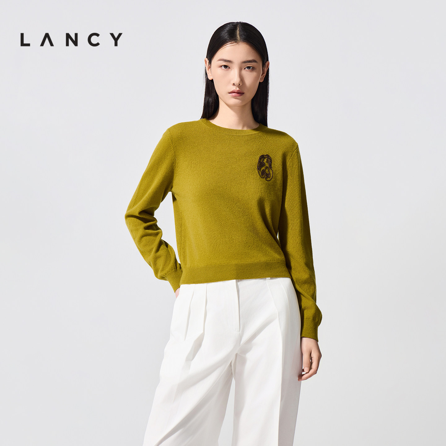 【纯羊毛】LANCY/朗姿2026春季新款气质刺绣钉珠圆领针织衫上衣女,女装/女士精品,毛针织衫,淘宝优惠券,粉丝福利购,淘宝优惠卷