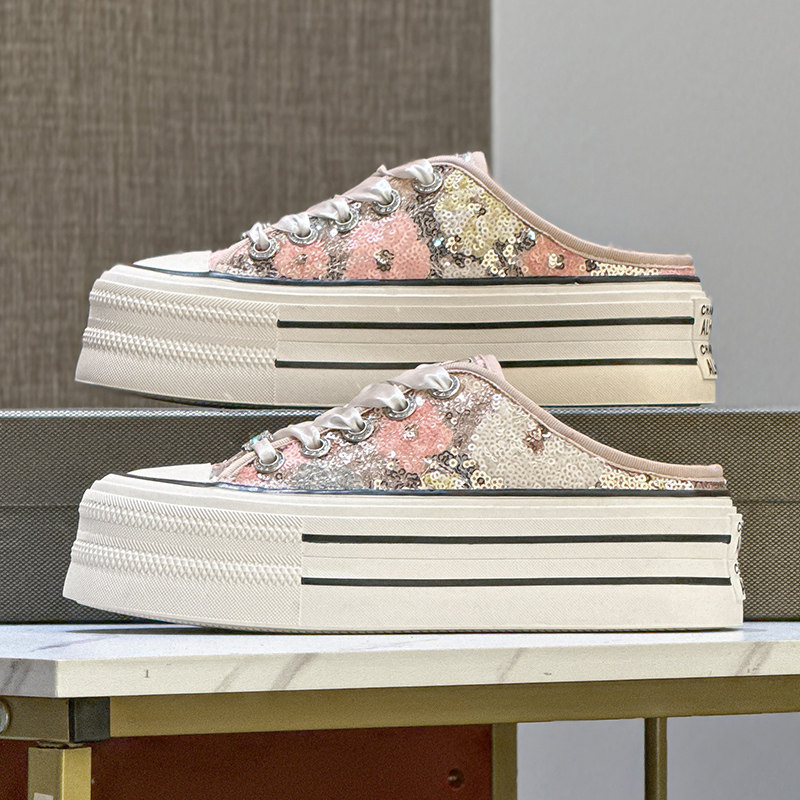 超火厚底半拖鞋女2025夏季新款外穿凉拖百搭时尚亮片帆布包头拖鞋