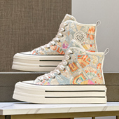 女2025春夏季 新款 网面透气厚底松糕鞋 国风高帮帆布鞋 百搭休闲板鞋