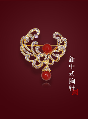 厚镀金女款胸针红玛瑙古风