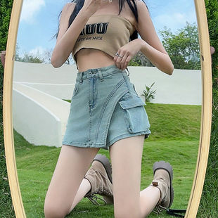 复古做旧显瘦不规则A字半身牛仔裙 新款 辣妹个性 牛仔高腰短裙夏季
