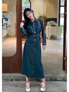 复古港味chic收腰显瘦a字裙 牛仔连衣裙女2023春秋新款 中长款 长袖