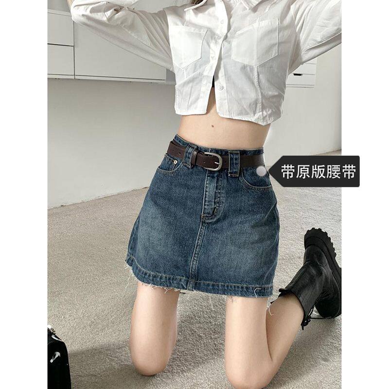复古韩版毛边牛仔半身裙女春夏季新款宽松纯欲风A字包臀牛仔短裙