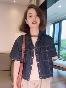 短款牛仔短袖衬衫外套女2024夏季新款小个子显瘦显高时尚薄款上衣