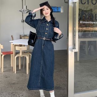 港味穿搭牛仔连衣裙女春秋季新款小众气质中长款收腰衬衣连体裙子