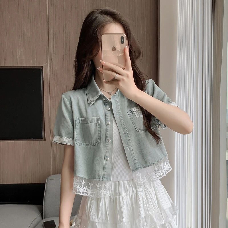 夏季蕾丝拼接牛仔短外套女宽松