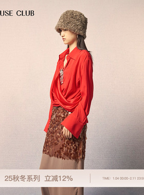 REFUSE CLUB 25秋冬新款马斯红真丝左倾衬衫
