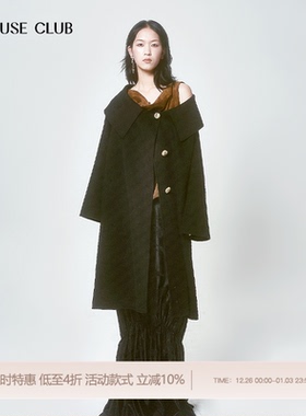 REFUSE CLUB 明星同款秋冬女一字领羊毛长大衣外套