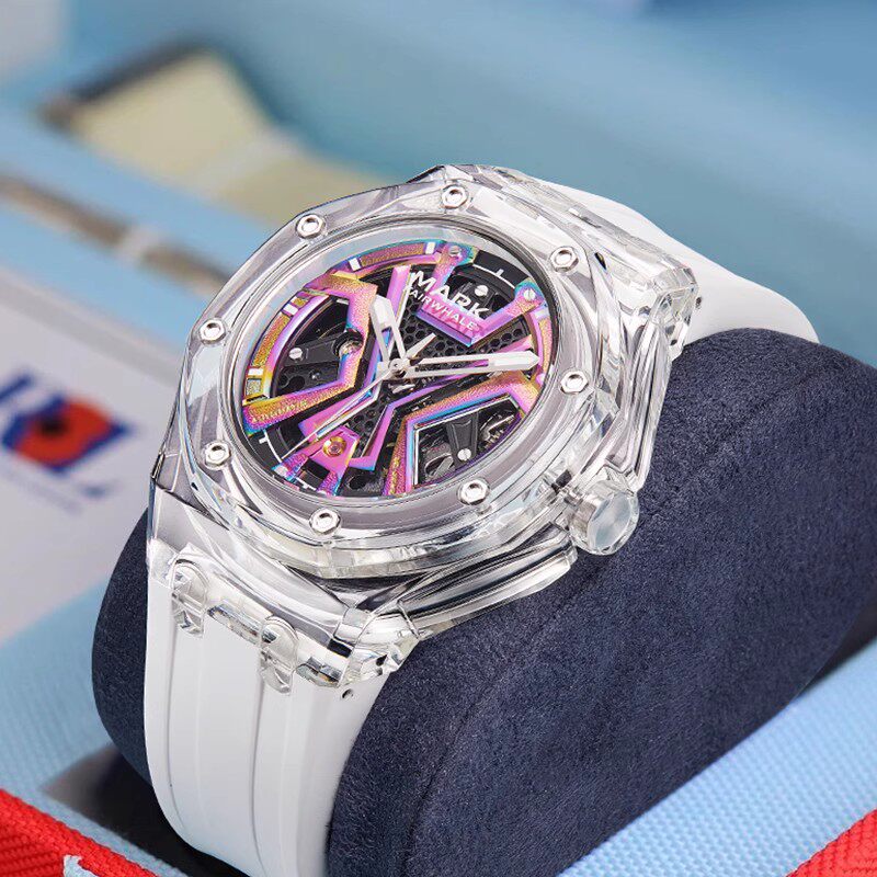 马克华菲名牌正品全自动镂空透明水晶壳机械手表男士男款时尚腕表