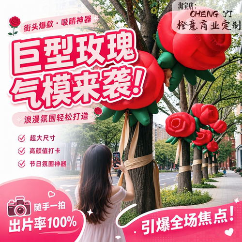 七夕巨型充气玫瑰美陈打卡