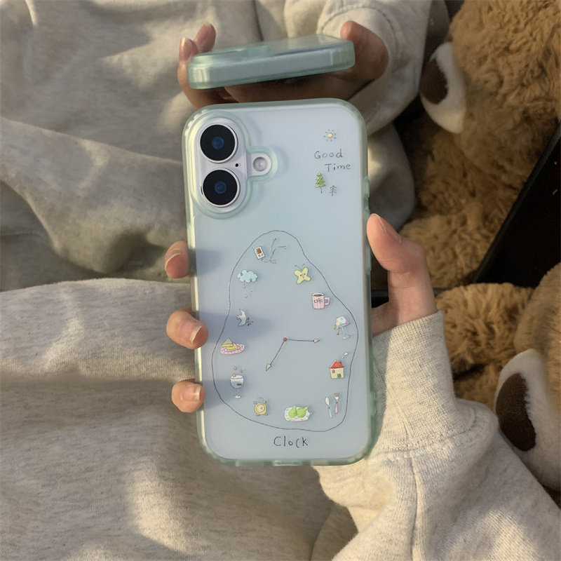 韩系ins小清新半透线条闹钟适用iPhone17ProMax手机壳15硬壳16promax新款17pro磨砂15pro保护套16pro防摔16