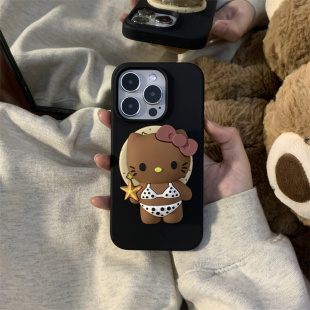 小众简约可爱比基尼黑皮Kitty猫磁吸壳适用iPhone16ProMax手机壳16硅胶12新款17磨砂13p保护套14/15防摔17pro