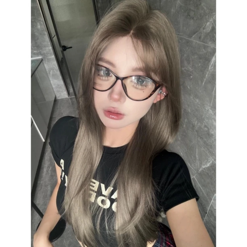 KuKu专属薄荷米棕涩谷辣妹前额蕾丝假发高层次长直发假发女全头套