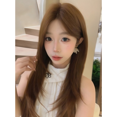 美宿假发女橘棕色高层次前额蕾丝气质长直发自然无痕全头套式假发