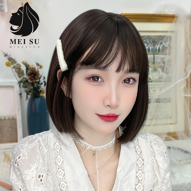 假发短发女夏季自然全头套式可爱圆脸波波头发型空气齐刘海短直发
