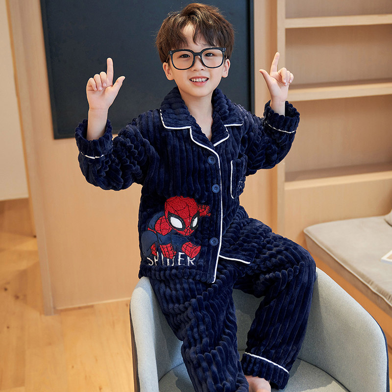 UK NEXT ROAD BIG KIDS PAJAMAS MENS 2022 NEW AUTUMN WINTER CORAL VELVET THICKENED LOUNGEWEAR SET