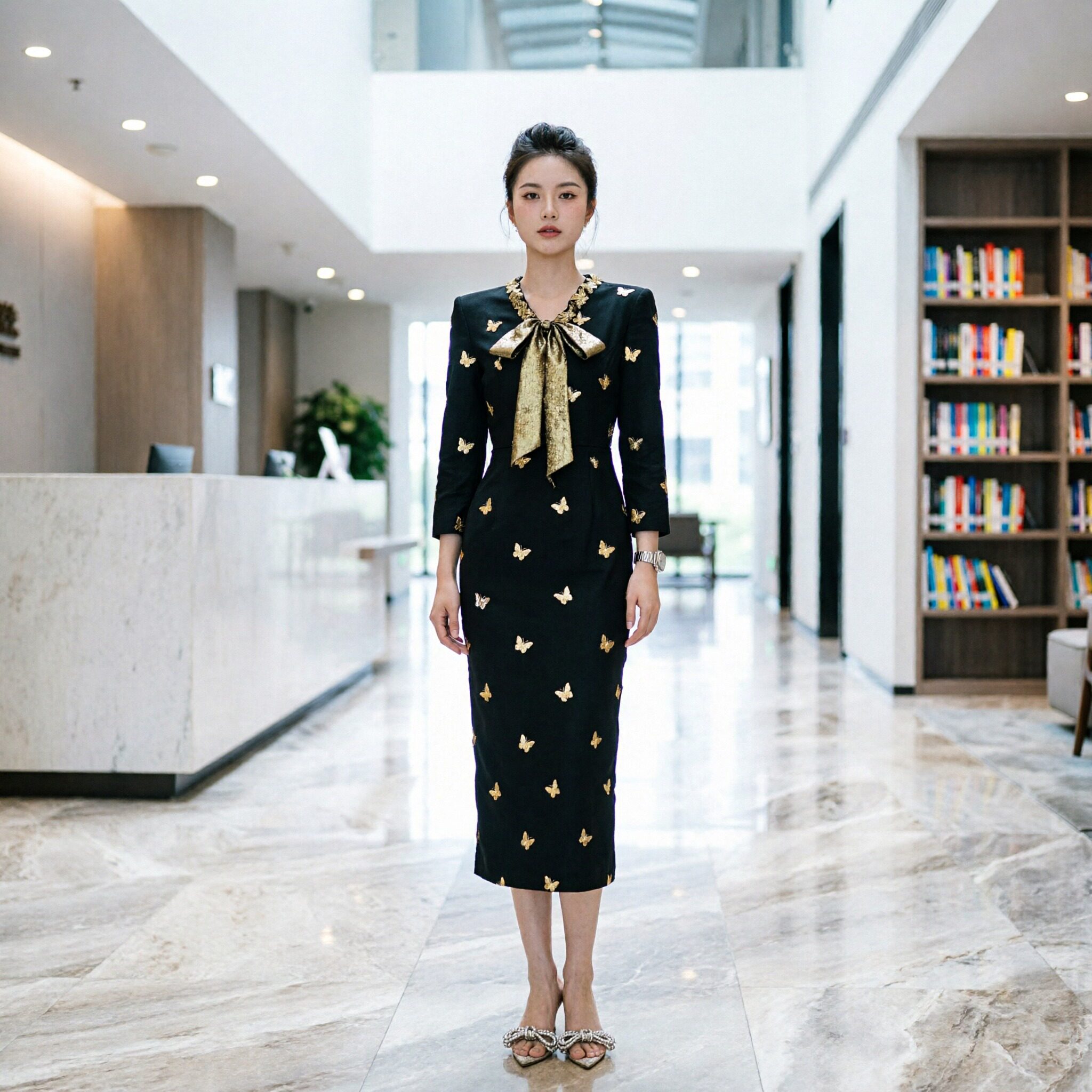 千金风黑色蝴蝶刺绣连衣裙女长袖