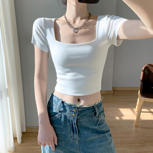 白色方领短袖t恤女夏季2026新款纯棉大领口露脐百搭紧身短款上衣