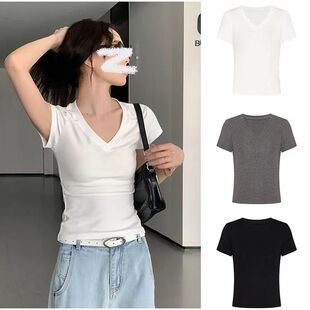 白色新款上市优质精品甩卖V领辣妹短袖T恤美洋季修身百搭显瘦上衣