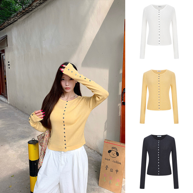 MosesQueen魔西女王黄色修身针织开衫女秋季新款显瘦空调外套上衣