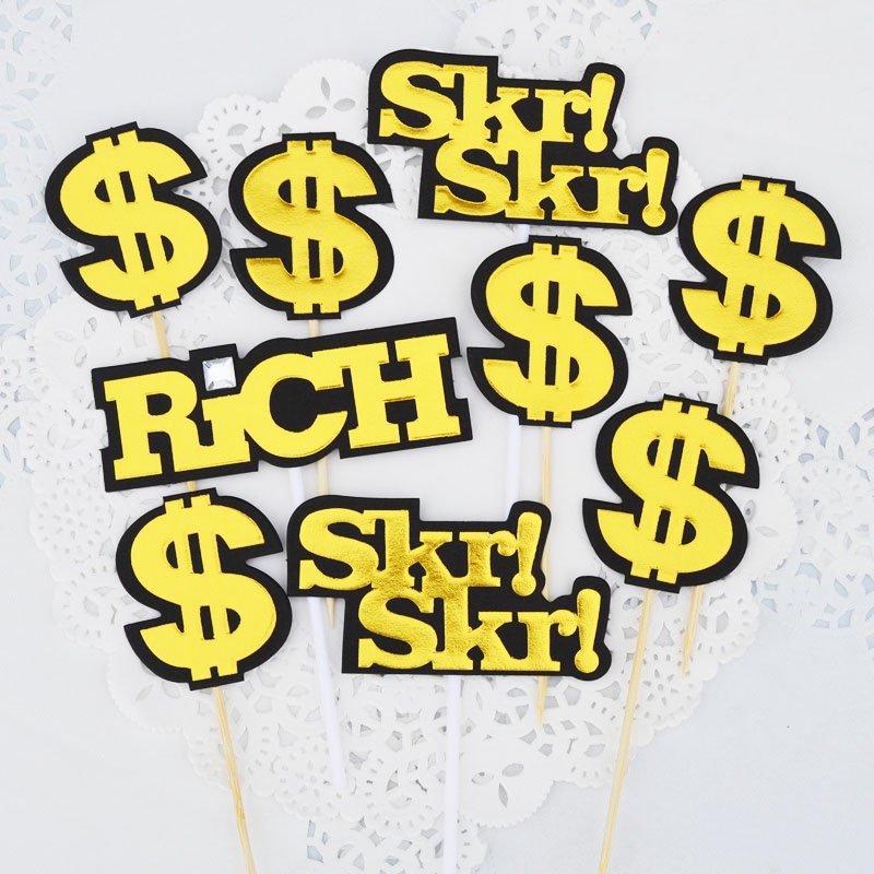 美金符号蛋糕装饰插件暴富剪刀手rich数钱skr英文$生日烘焙插牌
