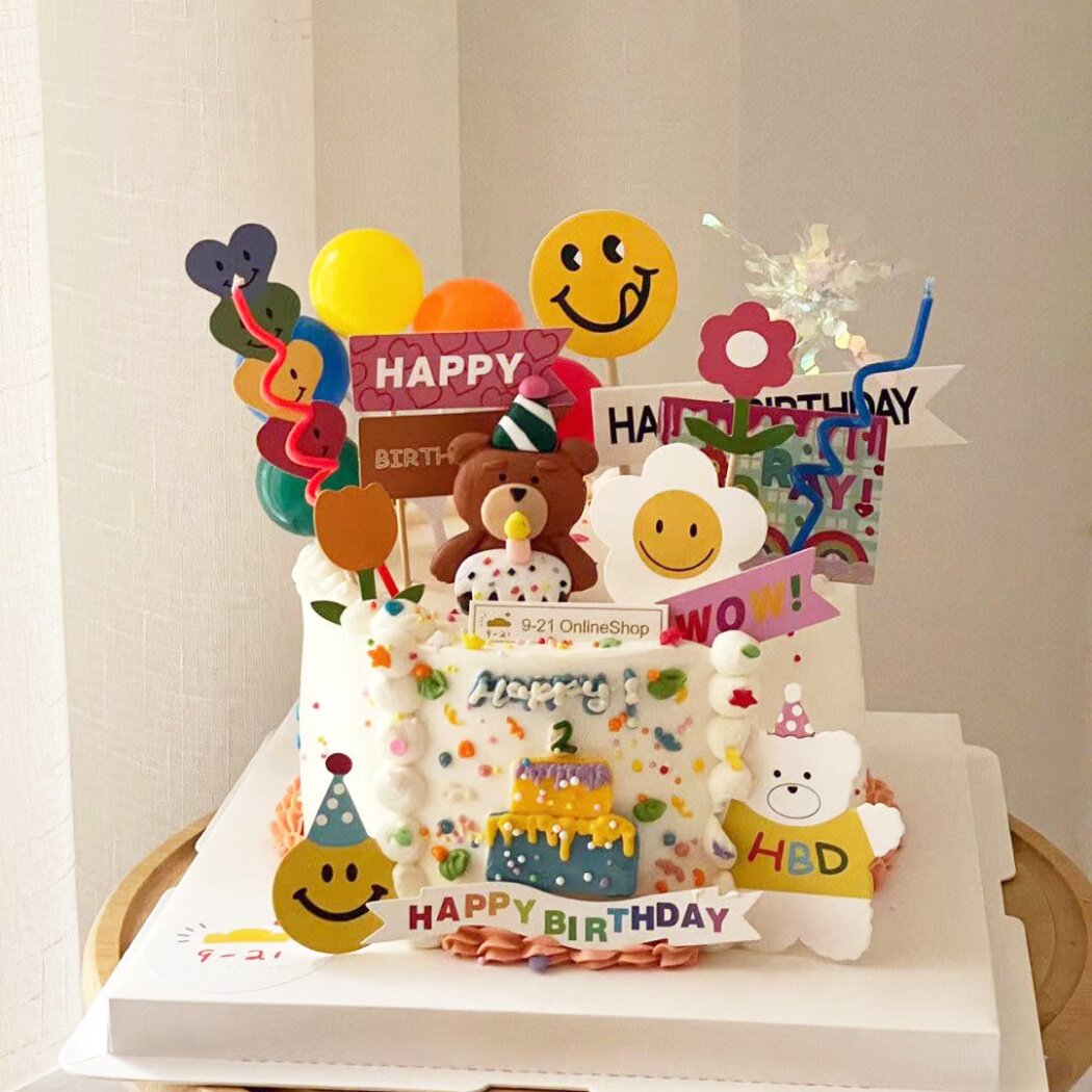 网红ins风蛋糕装饰软陶吹蜡烛小熊小花小仙女生日蛋糕插牌插件