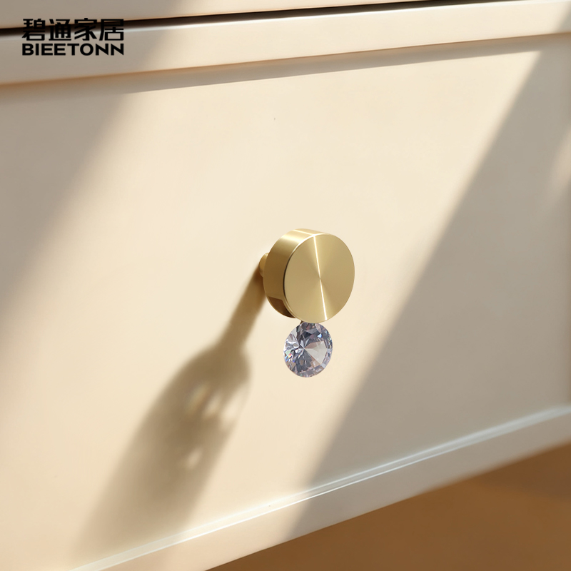 黄铜轻奢柜门拉手衣柜橱柜抽屉单孔柜子把手现代锆石水晶金色黄铜