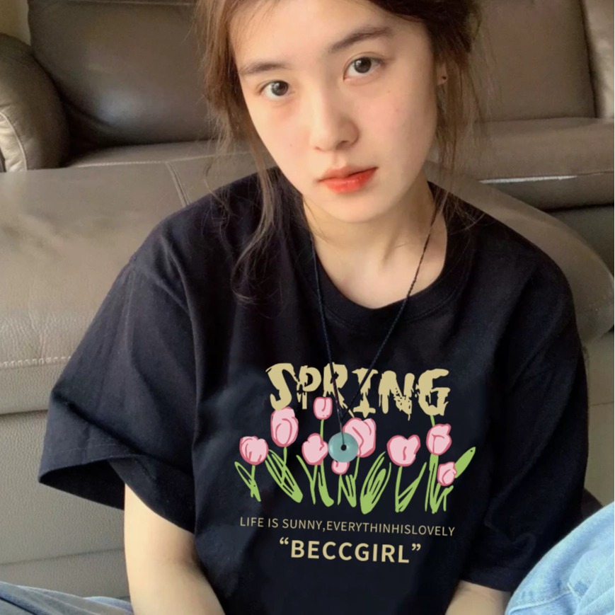 黑色冰丝情侣款男女同款唯美郁金香圆领短袖T恤男潮百搭休闲上衣