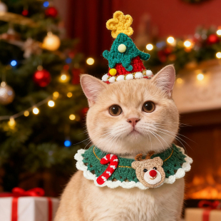 圣诞节猫咪狗狗手工围脖口水巾宠物围巾毛线编织项圈小型犬装饰